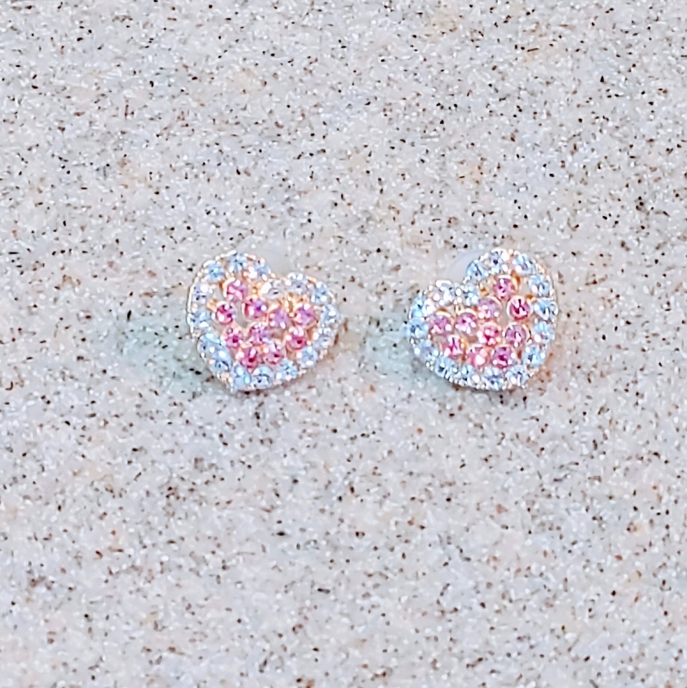 DOUBLE HEART PINK & CLEAR CUBIC ZIRCONIA SURGICAL STEEL STUD EARRINGS - Picture 5 of 9